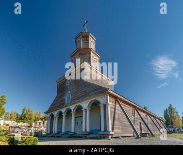 Iglesia de Senora de Gracia de Nercon, wooden church in Castro, Isla Grande de Chiloe, Los Lagos Region, Patagonia, Chile Stock Photo