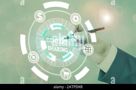 Word writing text Content Sharing. Business photo showcasing distribution of webpage and blog content across social media Stock Photo
