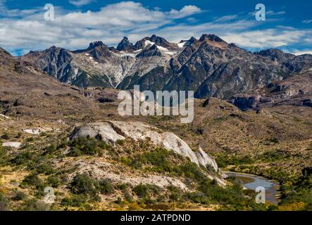 Jeinimeni mountain range in Southern Andes, future Patagonia National Park, seen from Paso las Llaves gravel road, Patagonia, Chile Stock Photo