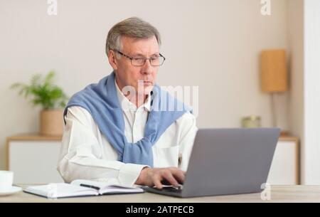 Serious senior gentleman at laptop computer sitting in modern office Stock Photo