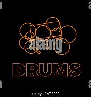Vector sign drums and sound, abstract shapes in simple lines. Black background Stock Vector