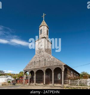 Iglesia Santa Maria de Loreto, shingled wooden church, 1740, in Achao at Isla Quinchao, Chiloe Archipelago, Los Lagos Region, Patagonia, Chile Stock Photo