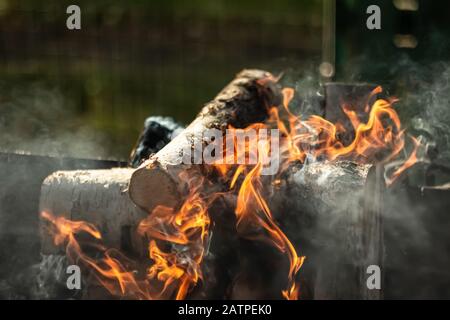 Firewood burns in a forged metal barbecue Stock Photo