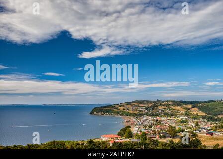 General view of town of Achao at Isla Quinchao, Chiloe Archipelago, Los Lagos Region, Patagonia, Chile Stock Photo