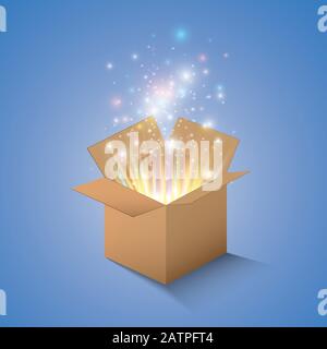 Set of magic gift boxes on a blue background, snow and icicles, magic for Christmas and New Year, birthday, illustrations, gift, postcard Stock Vector