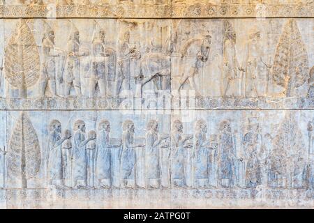 Persepolis, Apadana stairway facade, Ancient relief of the Achaemenids, Medes and Persians, Fars Province, Islamic Republic of Iran Stock Photo