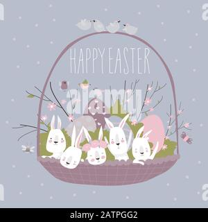 Cute cartoon bunny with Easter eggs and flowers Stock Vector