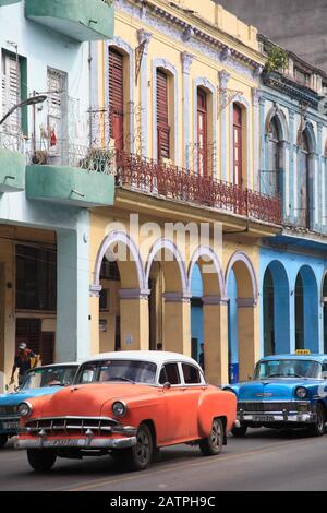 Cuba, Havana, street scene, historic architecture, vintage cars, Stock Photo