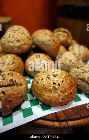 Freshly Baked Round Seeded Bread Rolls on the Breakfast Buffet at the Azul Beach, Sensatori Resort Hotel, Puerto Morelos, Riviera Maya,Cancun, Mexico. Stock Photo