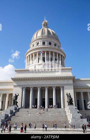 Capitol Building with tourists on the steps out front, Unesco world heritage site, Old Town; Havana, Cuba Stock Photo