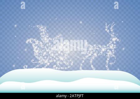 White dust star traces of sparkling particles in the form of a deer and and santa claus, sleigh and snow and icicles isolated on a transparent Stock Vector