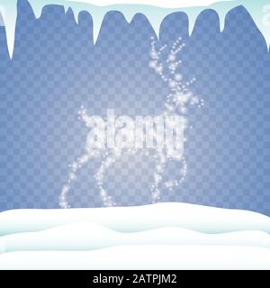 White dust star traces of sparkling particles in the form of a deer and and santa claus, sleigh and snow and icicles isolated on a transparent Stock Vector