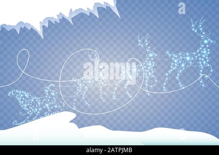 White dust star traces of sparkling particles in the form of a deer and and santa claus, sleigh and snow and icicles isolated on a transparent Stock Vector