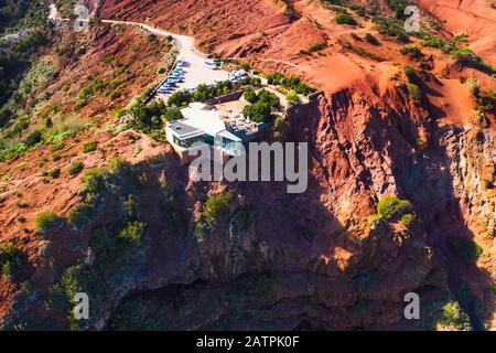 Viewpoint Mirador de Abrante with Skywalk, near Agulo, drone picture, La Gomera, Canary Islands, Spain Stock Photo