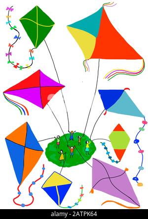 Kid flies kite coloring page for kids