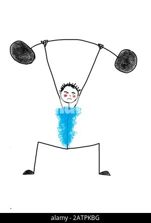 Naive illustration, children's drawing, stick figures lifting weights,Germany Stock Photo