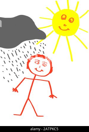 Naive illustration, children's drawing, matchstick man standing between rain cloud and sunshine, Germany Stock Photo