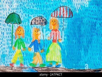 Girl standing in the rain under an umbrella handdrawn illustration. Cartoon  clip art of a rainy cloud and cute young woman smiling with an umbrella.  Black and white sketch of a beautiful