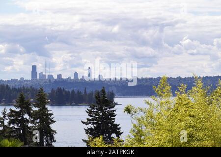 View from the shore of Lake Waschington in Kirkland. Seattle panoramas. Stock Photo