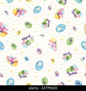 Vector realistic botany easter repeat pattern with rabbit, easter nest and wavy line. Colorful happy design for your family event. Nature background. Print, fabric, stationary. Stock Vector