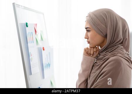 Concerned muslim business lady watching infographics at flip chart in office Stock Photo