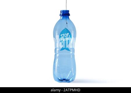 Fish on a hook in a plastic bottle with the written Stop plastic! - Concept of ecology and stop plastic pollution Stock Photo