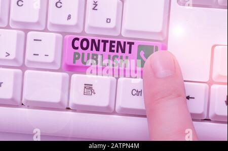 Conceptual hand writing showing Content Publish. Concept meaning prepares and issues or delivers content to an audience Stock Photo