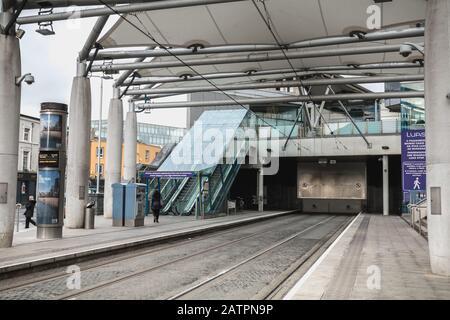 Dublin, Ireland - February 12, 2019: Street atmosphere and architecture before the DART Connolly train station in the city center on a winter day Stock Photo