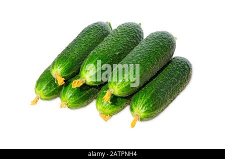 Fresh cucumbers isolated on white. Heap of cucumber.  Fresh green raw organic vegetables. Cucumbers in the market. Stock Photo
