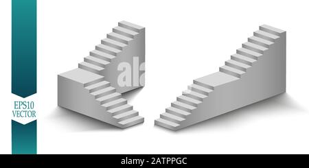 White stairs, 3d staircases. Set. Isolated on white background. Stock Vector