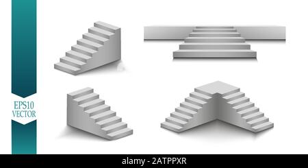 White stairs, 3d staircases. Set. Isolated on white background. Stock Vector