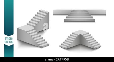 White stairs, 3d staircases. Set. Isolated on white background. Stock Vector