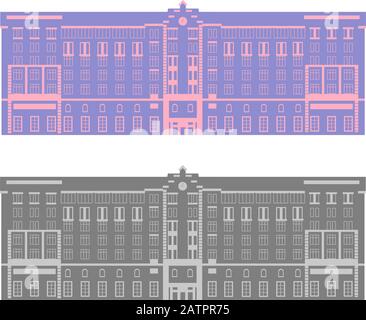 A large building with beautiful architecture in two colors. Front view. In the middle is the main entrance, at the top of the clock. Vector isolated i Stock Vector
