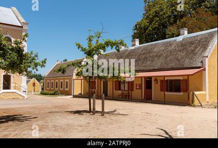 Genadendal, Overberg, Western Cape, South Africa.  Old buildings in entre of this historic town  facing the Moravian Church along the Garden Route. Stock Photo