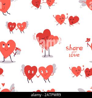 Cute vector seamless pattern with smiling heart characters isolated on white. Happy Valentines Day. Endless texture. Design concept for romantic Stock Vector