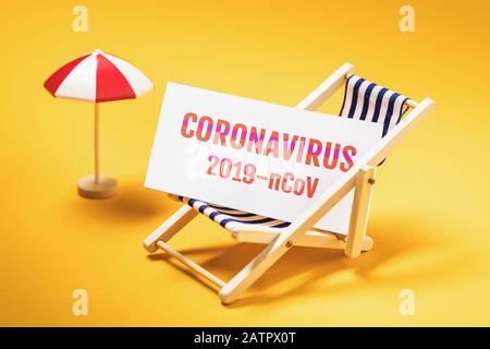Sun umbrella, deck chair and a sheet of paper with the inscription. Concept on beach closure due to dangerous outbreak of coronavirus 2019-nCoV Stock Photo