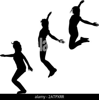 Silhouette of three young girls jumping with hands up, motion. Stock Vector