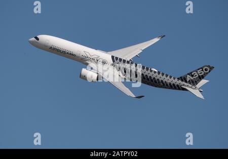 Moscow Russia Zhukovsky Airfield 31 August 2019: Passenger aircraft Airbus A350 in the demonstration flight of the international aerospace salon MAKS- Stock Photo
