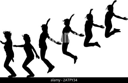 Silhouette of three young girls jumping with hands up, motion. Stock Vector