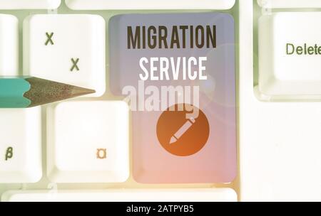 Text sign showing Migration Service. Business photo text moving of company data to a cloud service providers Stock Photo