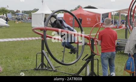 BARNAUL - AUGUST 22: Day of the city. Catapult exciting attraction in action on August 22, 2017 in Barnaul, Russia. Stock Photo