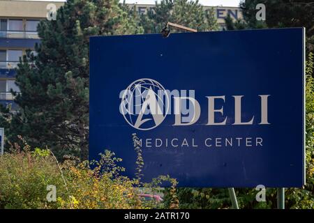 Piestany, Slovakia - October 25th 2019: Adeli sign board in front of the building of rehabilitation centre Adeli Medical Center Stock Photo