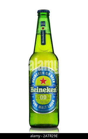 TARNOW, POLAND - FEBRUARY 01, 2020: Bottle of Cold Heineken Non-Alcoholic Beer. Alcohol-Free Beers Are Increasingly Popular Among Drivers. Stock Photo