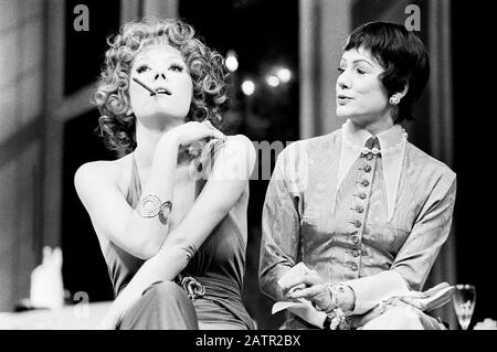 Diana Rigg (Celimene), Gillian Barge (Arsinoe) in THE MISANTHROPE by Moliere directed by John Dexter at the National Theatre (NT), the Old Vic, London in 1973. Dame Enid Diana Elizabeth Rigg, born Doncaster 1938. English stage, film and television actress. Made a CBE in 1988 and a DBE in 1994. Stock Photo