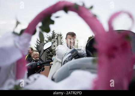POLAND -15 April 2017:  effectuation of Easter basket and motorcycles in Holy Saturday (Easter Eve), food traditionally blessed before Easter Stock Photo