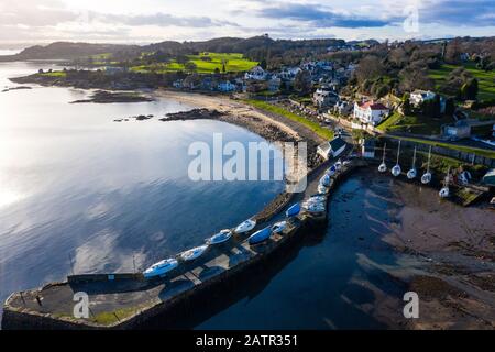 Aerial view of village of Aberdour in Fife, Scotland, UK