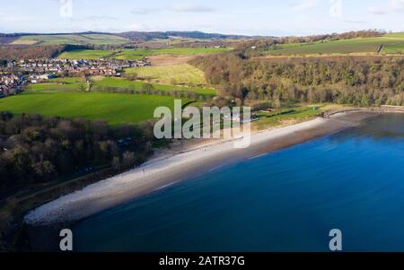 Aerial view of Silversands beach at  Aberdour in Fife, Scotland, UK