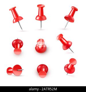 Realistic vector plastic glossy red push pin 3D vector icon on white background. Stock Vector