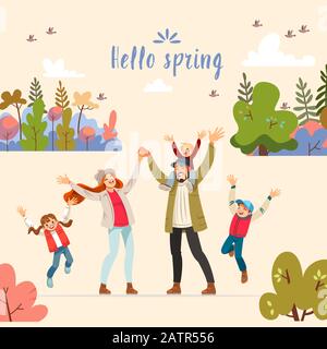 Hello spring. Hello spring greeting card with big family. Concept of friendly family and Parenthood child-rearing playing walking with kids in nature Stock Vector