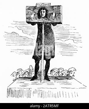 Engraving of Titus Oates (1649 – 1705) in the pillory after being convicted of perjury. Oates fabricated the 'Popish Plot', a supposed Catholic conspiracy to kill King Charles II. Judge Jeffries sentenced him to be pilloried in London and then stripped, tied to a cart, and whipped from Aldgate to Newgate, where he spent three years. From The Chronicles of Newgate, 1884. Stock Photo